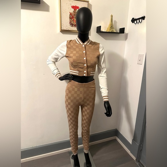 Khaki Two Piece Knit Varsity Stye Jacket Top High Waisted Knit Leggings Joggers - Picture 12 of 13